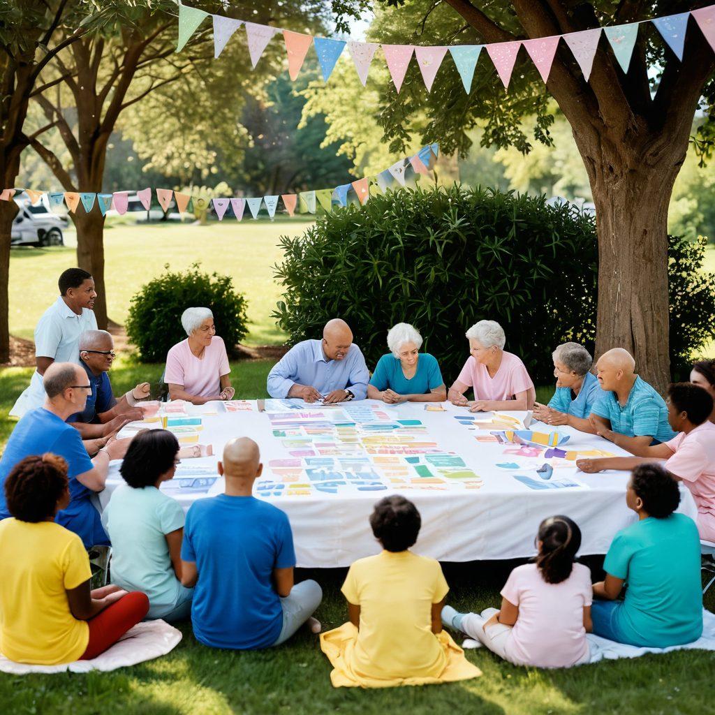 A heartwarming scene depicting a diverse group of cancer patients and their families gathered in a supportive community environment, filled with soft pastel colors. They are engaging in activities like sharing stories, participating in group therapies, and enjoying nature, symbolizing hope and connection. Include elements like ribbons, supportive messages on banners, and a serene outdoor setting. super-realistic. vibrant colors. 3D.