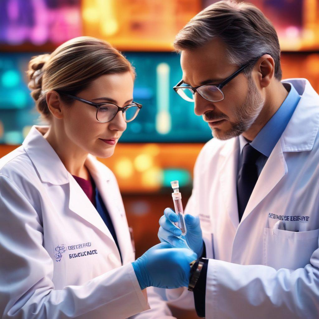 A dynamic collage showcasing advanced oncology treatments: a scientist in a lab coat examining a glowing vial, a patient receiving cutting-edge immunotherapy, and a high-tech medical device with digital screens. Use warm and hopeful colors to evoke a sense of innovation and healing. super-realistic. vibrant colors. bokeh background.