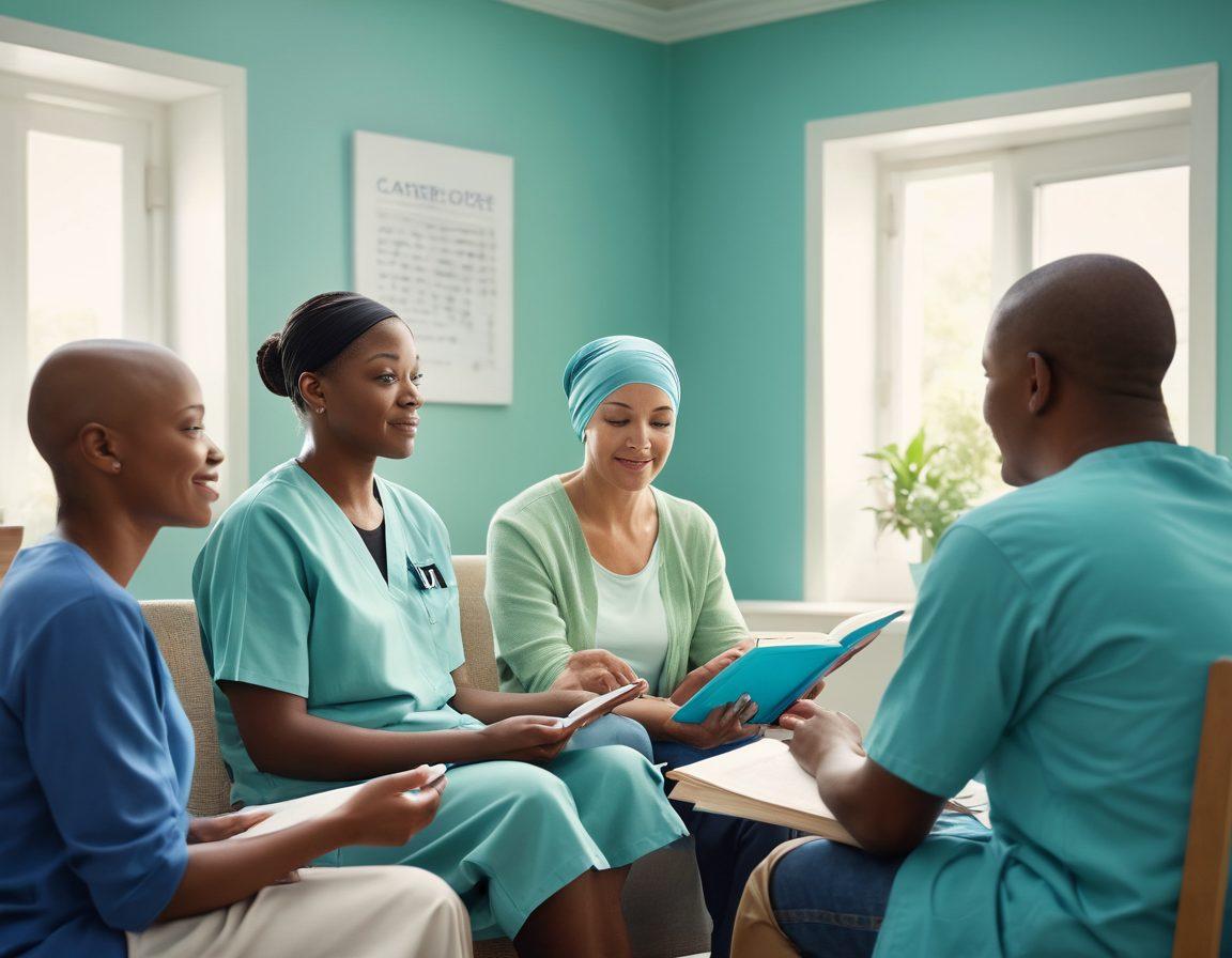 A compassionate scene depicting a diverse group of cancer patients engaging in a supportive educational workshop, surrounded by uplifting visuals of innovative treatments. Use a calming color palette blending blues and greens to evoke hope, with elements like books, tablets, and friendly face-to-face interactions among participants. Include gentle light illuminating the room for an inviting atmosphere. super-realistic. vibrant colors. soft-focus background.